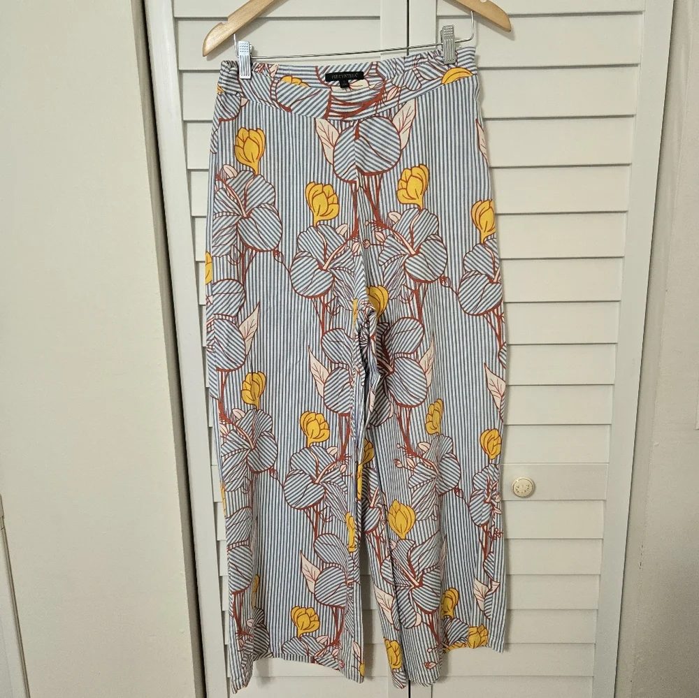 For Cynthia Womens Floral Blue White Striped Elastic Waist Linen Wide Leg Pant S